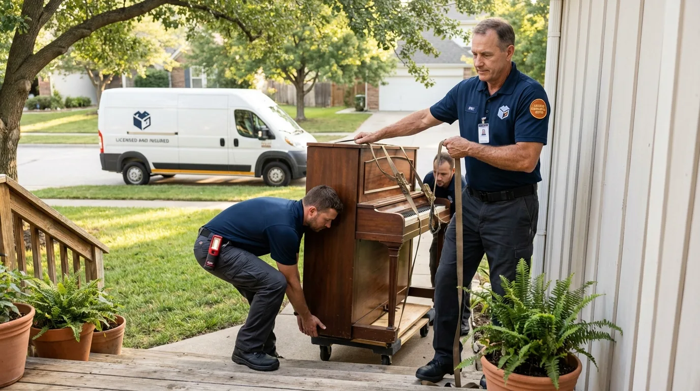Licensed piano movers securing grand piano in Fulton, MS