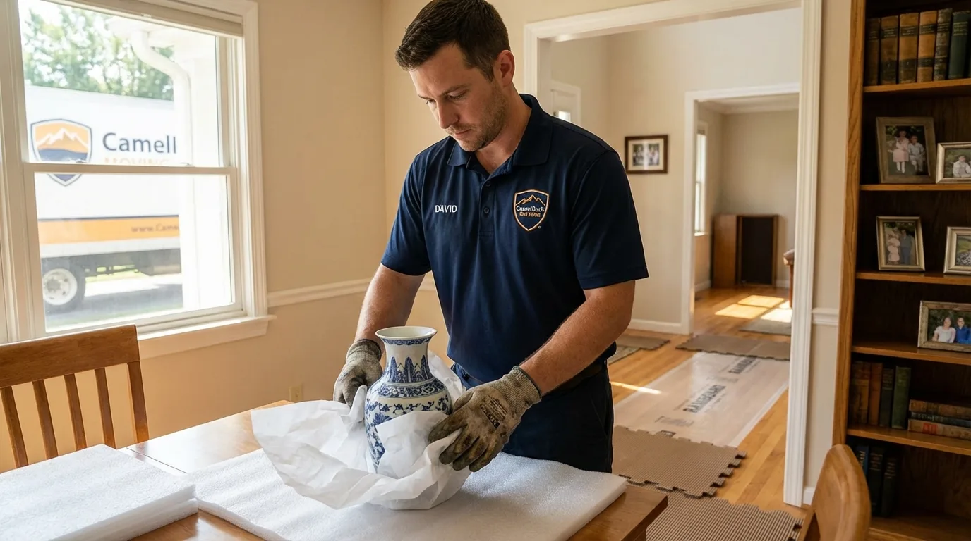 Professional crew carefully wrapping antique vase for senior downsizing move in Fulton, MS